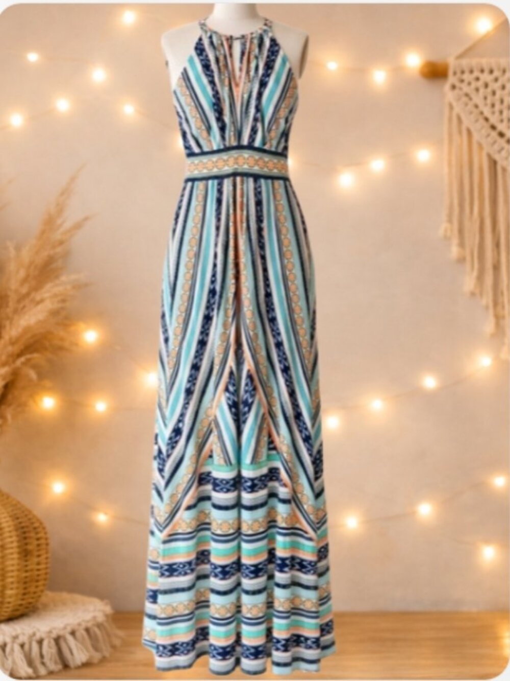 London Times Multicolor Halter Maxi Dress Size 8 Boho Resort Style Summer Chic